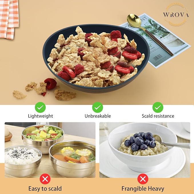 65oz Big Wheat Straw Bowls - Large Salad Bowls set of 6 - Unbreakable Serving Bowls - Microwave & Dishwasher Safe - Oval Bowls for Cereal,Salad,Fruit - Pure Black