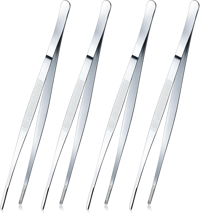 Yaomiao 4 Packs 10 Inch Bar Tweezers Silver Long Garnish Tongs Stainless Steel Kitchen Cooking Tongs Tweezers for Food Cocktail Korean BBQ Bartender Chef, Multi-use