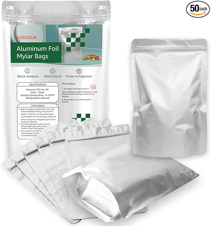 50pcs 1 Quart Mylar Bags for Food Storage 6x9 Stand Up Heat Sealable Foil Pouches, Resealable Smell Proof Freeze Dryer Bags for Long-Term Food Storage