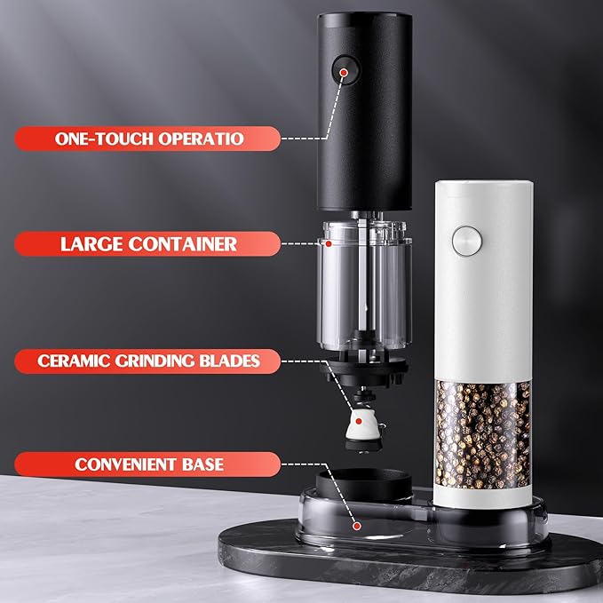 Electric Salt and Pepper Grinder Set Automatic Battery Pepper Mill Shakers Adjustable Coarseness Easy Filling Upgraded Larger Capacity with Led (2 Pack Black/White）
