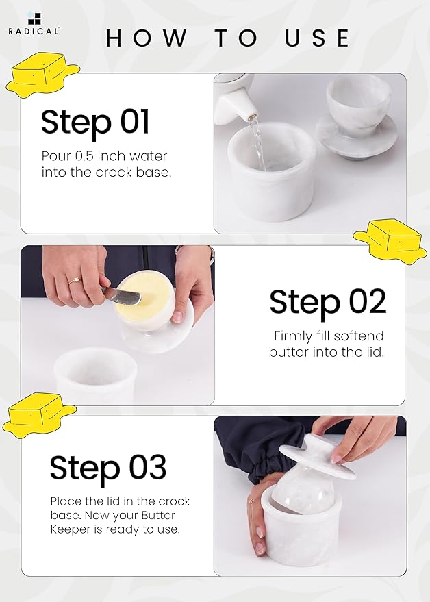 Radicaln Marble Butter Keeper 4.25'' Inches White Handmade French Butter Holder For Kitchen Counter Decor Ideal Butter Crock For Counter With Water & Butter Crock For Kitchen