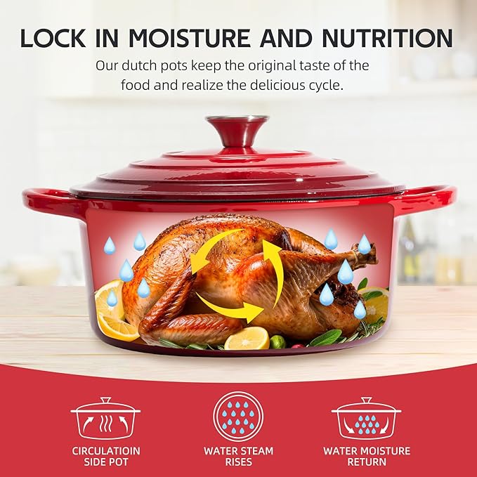 6 Quart Dutch Oven Enameled Cast Iron with Lid - Big Dual Handles - Oven Safe up to 500°F - Classic Round Pot for Versatile Cooking (Red, 6 QT)