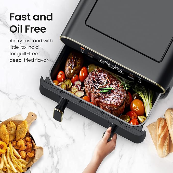 11-QT Large Air Fryer, 8-in-1 XL Airfryer with Flex Basket, Divider for Dual Cooking, Preheat Air Fry, Roast, Broil, Bake, Reheat, Dehydrate, French Fries Dishwasher Safe, w/Gold Border