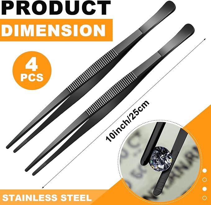 Yaomiao 4 Packs 10 Inch Bar Tweezers Black Long Garnish Tongs Stainless Steel Kitchen Cooking Tongs Tweezers for Food Cocktail Korean BBQ Bartender Chef, Multi-use