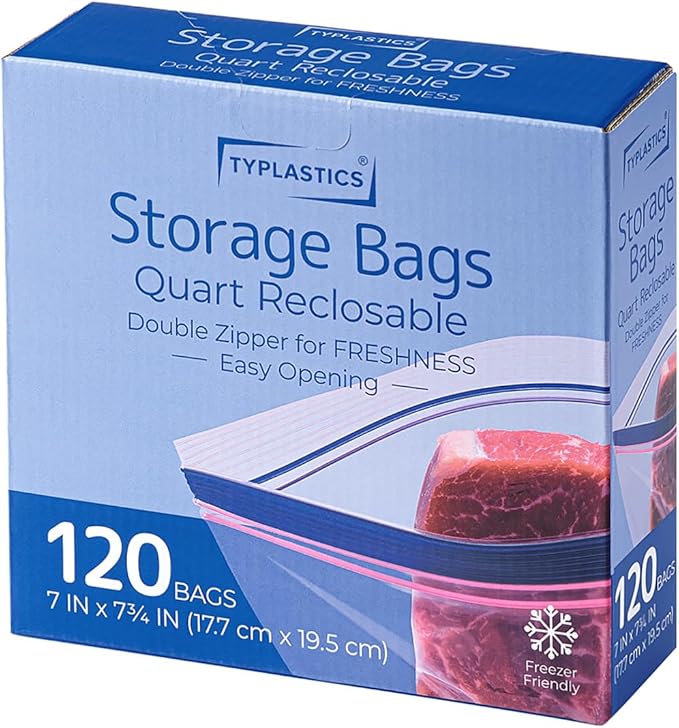 TYPLASTICS Quart Food Storage Zip Bags, 120 Count, Double Zipper, Easy Open Design, Reclosable