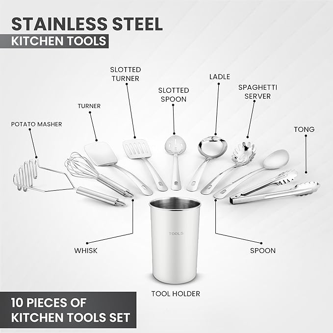 Avador® Premium Set of 10 Stainless Steel (WHITE HOLDER) Kitchen Tool Set with Holder Easy To Clean, Space Saving, Great for Cooking, Baking, Prepping (WHITE)