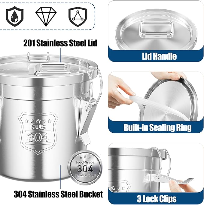 304 Stainless Steel Airtight Canister, 1.6Gal /203oz Airtight Food Storage Container with Lid and Lock Clips, Large Metal Pantry Storage Canister for Coffee Beans, Flour, Tea, Sugar, Cereals, 6L