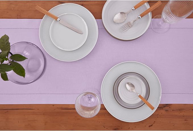 Solino Home Table Runner 90 Inches Long - Cotton Linen Hemstitch Lavender Ice Table Runner 14 x 90 Inch for Summer