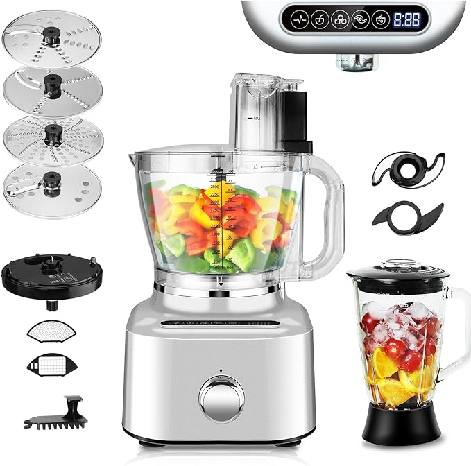 Homtone 16 Cup Food Processor, Aluminum-Diecast Large Food Processor& Blender Combo, 5 Preset Modes & Stepless Speed Control, 8 Blades 11-in-1 for Home Use, 650W, Sliver