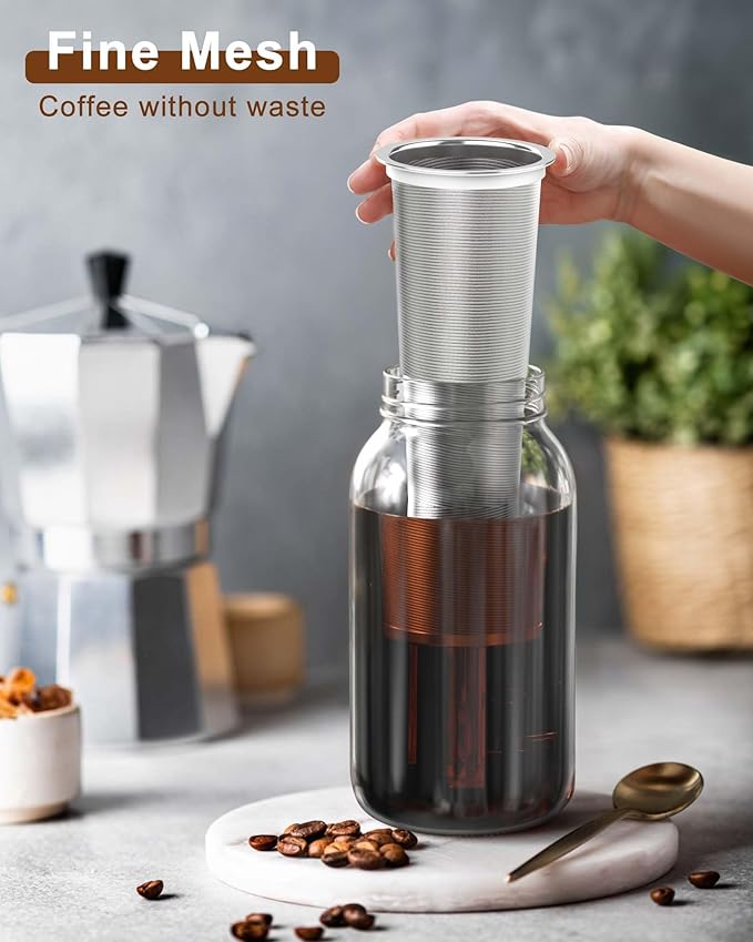 Cold Brew Coffee Filter for 32oz Wide Mouth Mason Jars, Fine Mesh, 304 Stainless Steel Strainer with Seal Ring, Reusable Cold Brew Filter for Iced Coffee Maker, Sun Tea and More