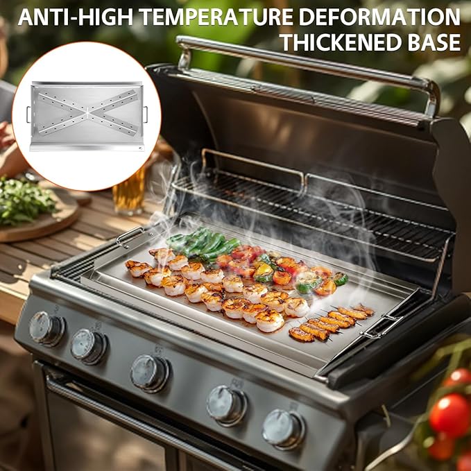 LotFun 25" x 16" Stainless Steel Cooking Griddle for Outdoor Gas Grill, Universal Griddle Flat Top Plate Insert with Grease Groove and Removable Handles for Electric/Charcoal/Gas Grill, Camping,Party