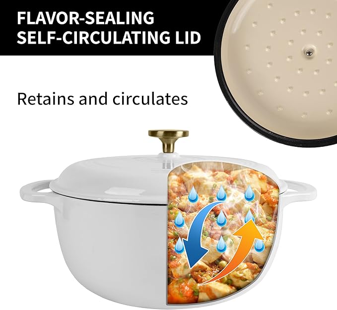 5.5 Quart Enameled Cast Iron Dutch Oven with Lid – Heavy-Duty Cookware for Bread, Braising, and Stews – Dual Handles, Oven Safe to 500°F – Ideal for Stovetop & Oven Cooking (White, 5.5QT)