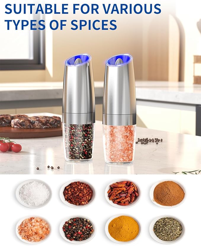 CIRCLE JOY Stainless Steel Graviry Electric Pepper Grinder Automatic Salt Grinder Pepper Griner Mill Electric, Battery Operated, LED Light, Adjustable Coarseness, for Home Kitchen BBQ, Silver
