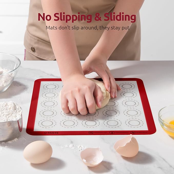 446ºF Heat Resistant Macaron Mat: U-Taste 11x11in Non Stick Silicone Baking Mat, Reusable Cookies Pastry Sheet Liner with Edge Enhancement & Circle Measurement for Square Cake Pan (2 PCS, Red)