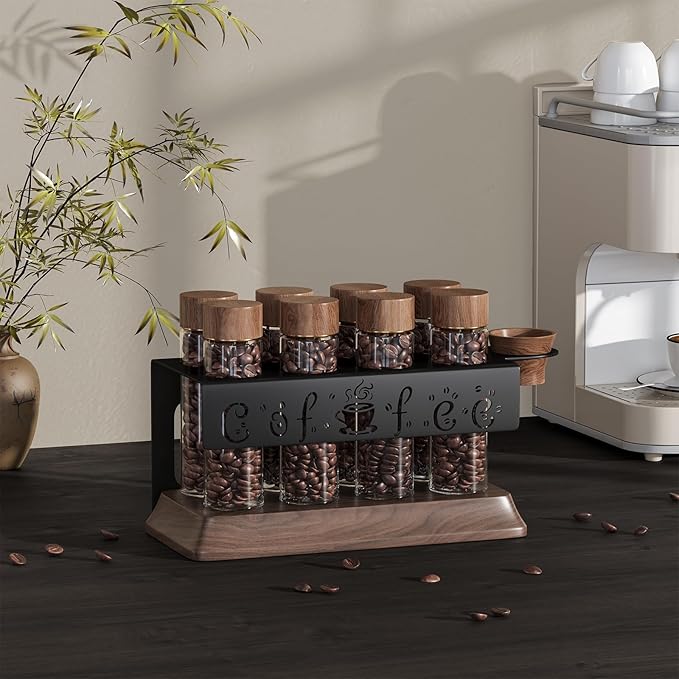 Single Dose Coffee Bean Storage Tubes with One-Way Exhaust Valve,Coffee Bean Container with American Walnut Wood Base,Funnel and Lids,Espresso Bean Storage with 8Pcs Glass Tubes