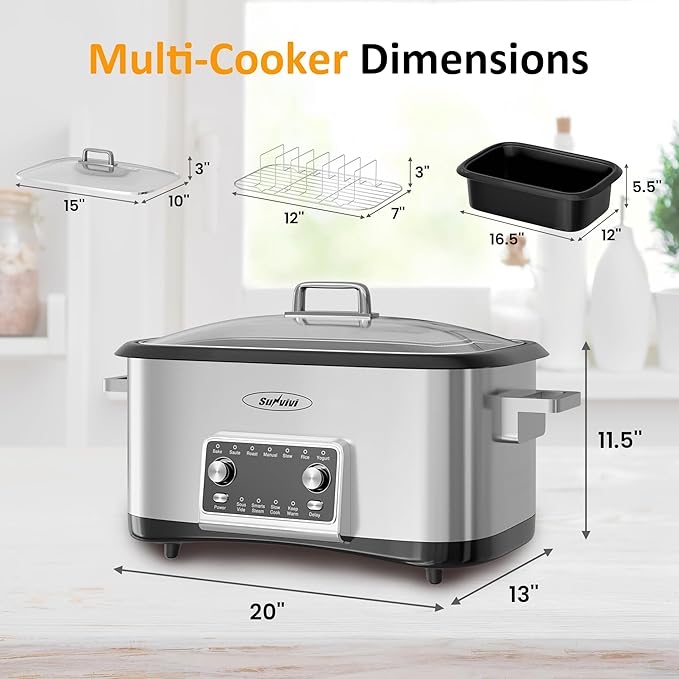 12 in 1 Programmable 8 Quart Slow Cooker, Multi-Cooker Food Warmer with Digital Timer, Temp Control, Removable Cast Aluminum Pot & Dishwasher-Safe Tempered Glass Lid, Stainless Steel