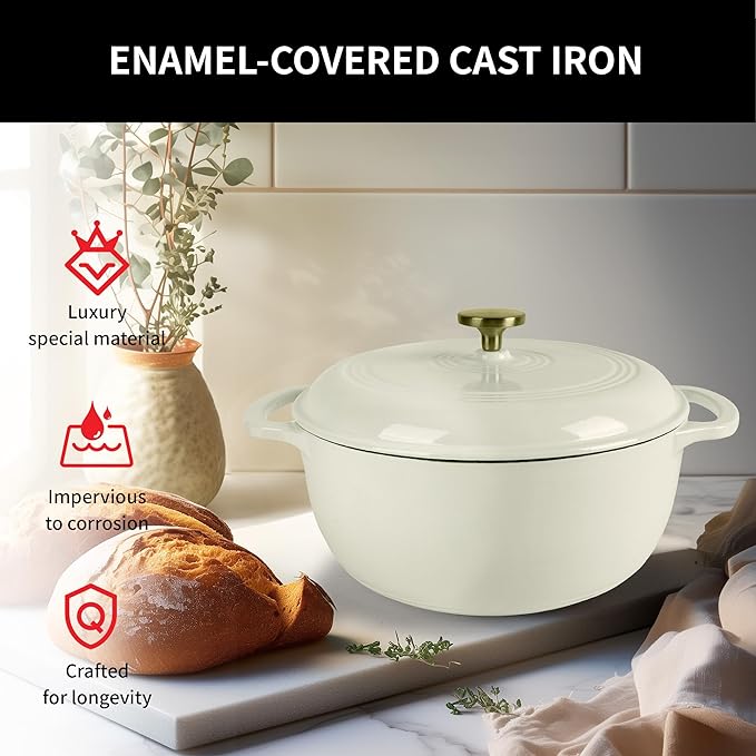 5.5 Quart Enameled Cast Iron Dutch Oven with Lid – Heavy-Duty Cookware for Bread, Braising, and Stews – Dual Handles, Oven Safe to 500°F – Ideal for Stovetop & Oven Cooking (Cream, 5.5QT)