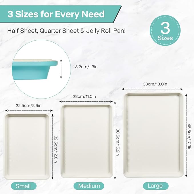 3-Pack Blue Ceramic-Coating Baking Sheet Pans, PFOA/PFOS/PTFE-Free Nonstick Cookie Sheet Trays, 0.8mm Thick Heavy Duty, with Diamond Texture, Replacement Toaster Oven Tray for Everyday Baking