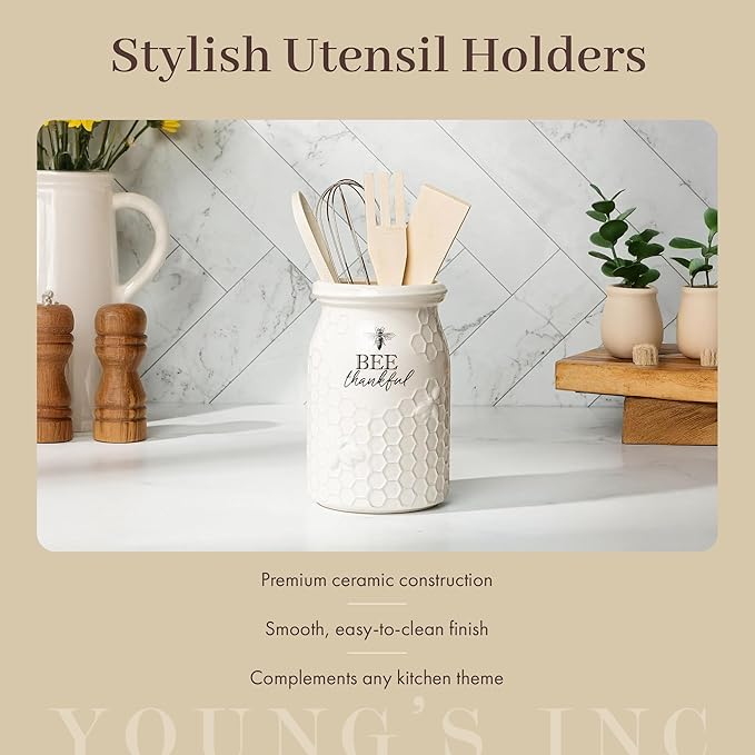 Young's Inc Modern Design Tool Holder with Wood Kitchen Tools, Ceramic Utensil Holder for Kitchen Counter, Cooking Spoon & Spatula Holder for Counter with Utensils, 6-inch Height
