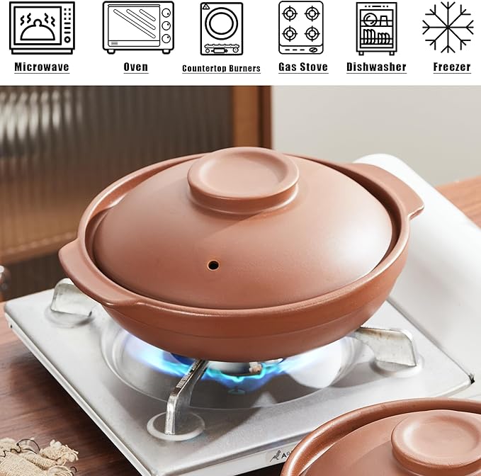 Unglazed Terracotta Ceramic Casserole Dish, Clay Pot, Earthen Pot Cookware with Lid for Dinner and Party, Stockpot for Rice Hot Pot, Stew, Bakeand Serve Oven Safe-Heat Resistant (1.3QT/1.4L)