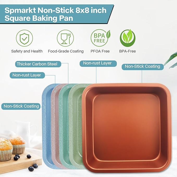 2-Pack 8 inch Square Cake Pan, 8x8 Baking Pan, Cornbread Square Baking Pan, Perfect for Brownies, Lasagna,Oven Safe