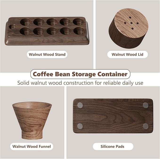 Single Dose Coffee Bean Storage Tubes Coffee Storage Container with One-Way Exhaust Valve,Coffee Bean Cellar 10 Pcs Dosing Glass Vials (2 Oz) Walnut Wood Stand Funnel And Lids