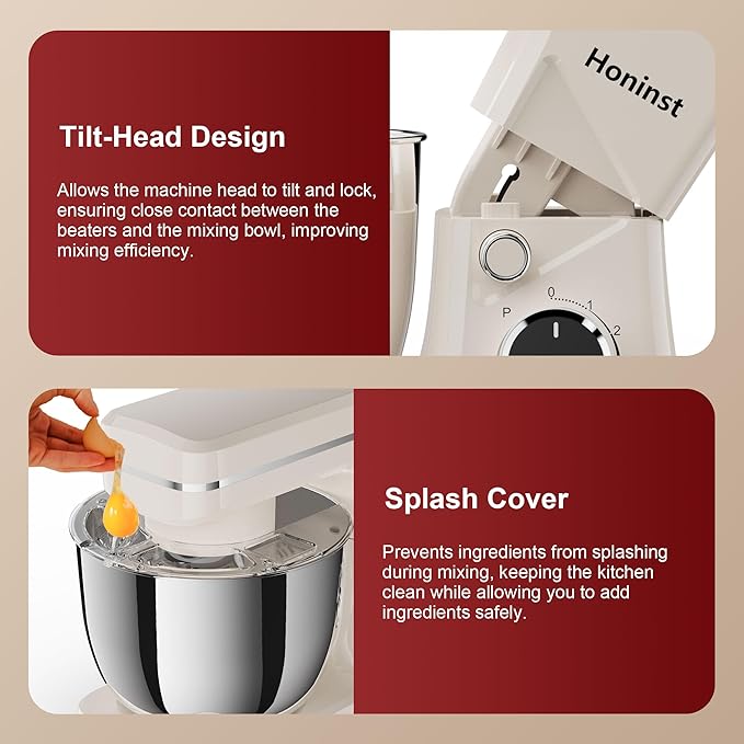 10-Speed Stand Mixer with 8-in-1 Splash Guard, Tilt-Head, 6QT Stainless Steel Bowl + Dishwasher-Safe Dough Hook/Whisk/Beater/Spatula for Baking Bread, Cakes, Cookies, Beige