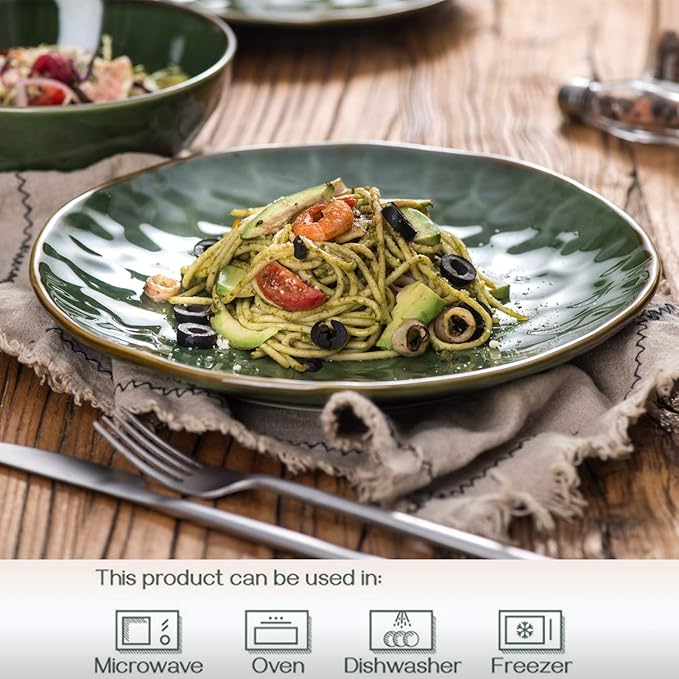 vicrays Ceramic Dinner Plates Set, 10.5 Inch, Set of 6, Round, Microwave, Oven, Dishwasher Safe, Scratch Resistant, Porcelain Fluted Suitable for Steak, Pasta, Pizza, Home, Restaurant, Green