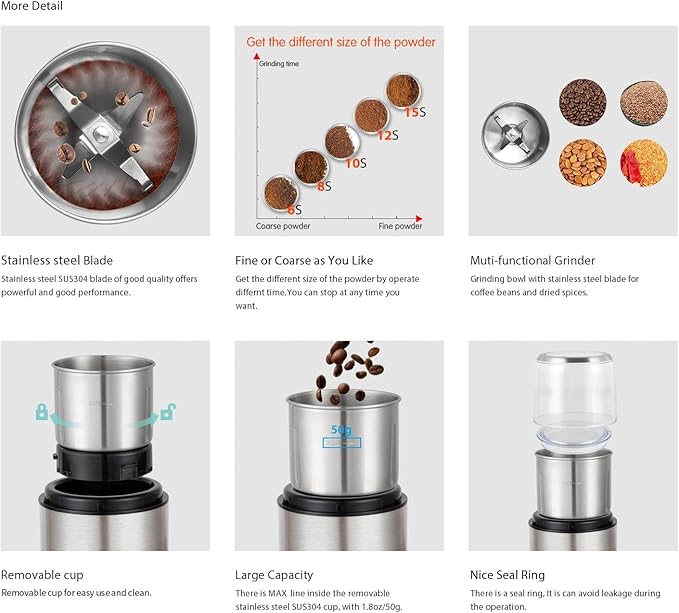 DR MILLS DM-7452 Electric Coffee Grinder,Spice Grinder Electric and chopper,detachable cup, diswash free, Blade & cup made with SUS304 stianlees steel