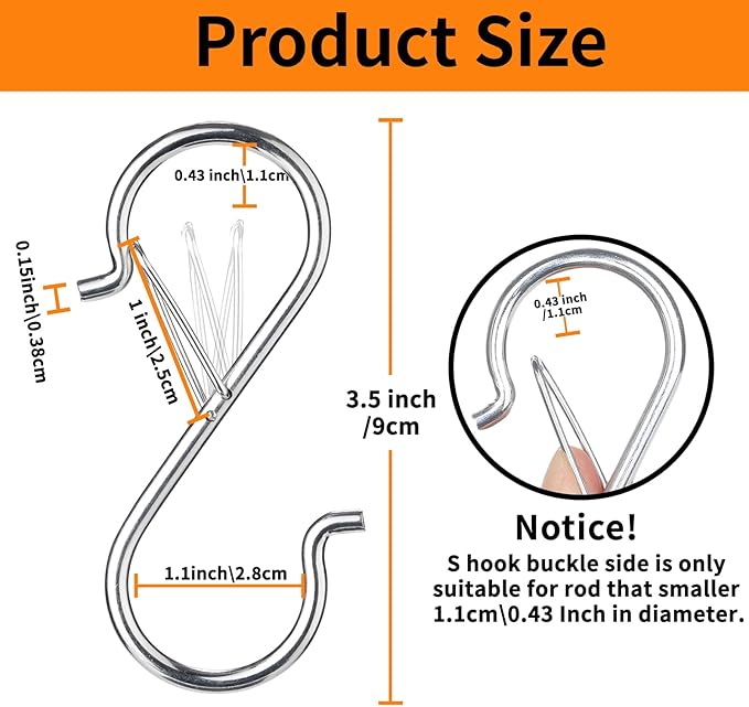 48 PCS S Hooks for Hanging with Safety Buckle, 3.5 inch Heavy Duty Metal S Shaped Hooks Stainless Steel for Hanging Kitchen Utensil, Cups, Pots, Plants, Bags, Hats (Silver)