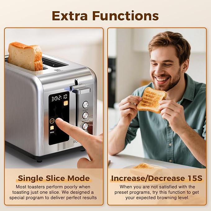 2 Slice Touch Screen Toaster, Stainless Steel Toaster with Wide Slots for Bagels and Bread, Reheat/Defrost/Cancel Functions, Removable Crumb Tray, Silver