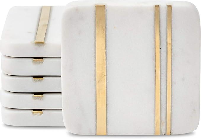 Cork & Mill Marble Coasters Set of 6 - Real Natural Stone - Luxury Aesthetic Square Coasters - Neutral White Marble with Gold Brass Inlay - Semi Absorbent Stone