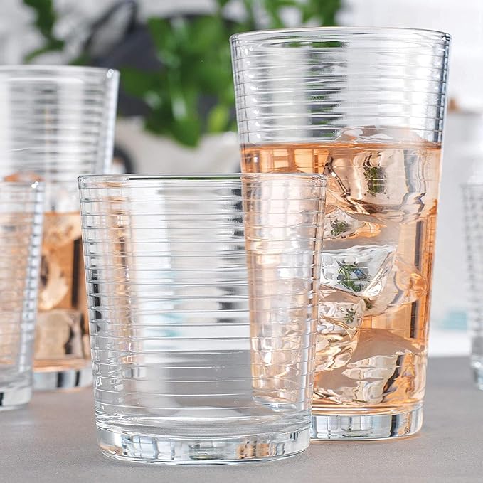 Glaver's Drinking Glasses Set of 12. Everyday Mixed Drinkware Set. 6, 17 oz Tall Kitchen Glass Cups, 6,13 Oz Rocks Whiskey Glasses. Heavy Duty Ribbed Glassware Set for Cocktail Beer, Juice, Water.