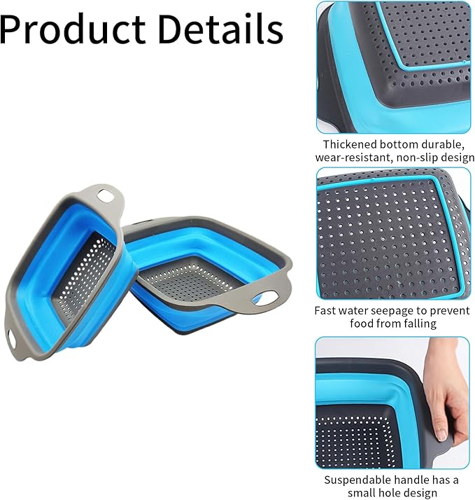 2 PCS Collapsible Colander, Collapsible Strainers for Kitchen, 11.5 inch Silicone Strainer and 9.5 inch Silicone Colander for Draining Vegetable fruit, Kitchen Food Strainer, Blue