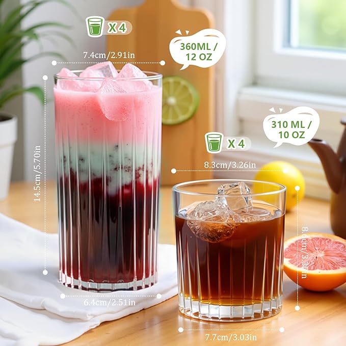 Laerjin Drinking Glasses Set of 8, 12 oz Highball Glasses & 10 oz Cocktail Glasses Set, Glassware Drinking Glasses, Glassware Sets for Cocktail, Beer, Wine, Whiskey, Water & Juice Drinkware(Clear)