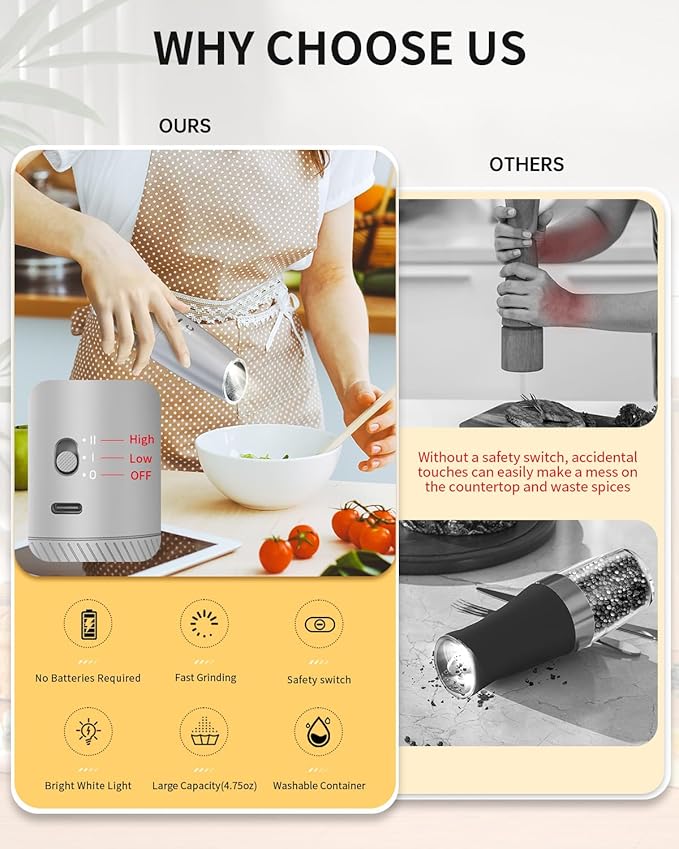 CIRCLE JOY 2-Speed Gravity Electric Pepper Grinder, Rechargeable Salt Grinder Pepper Mills, Adjustable Coarseness, White LED Light, 135ML Large Capacity, Silver