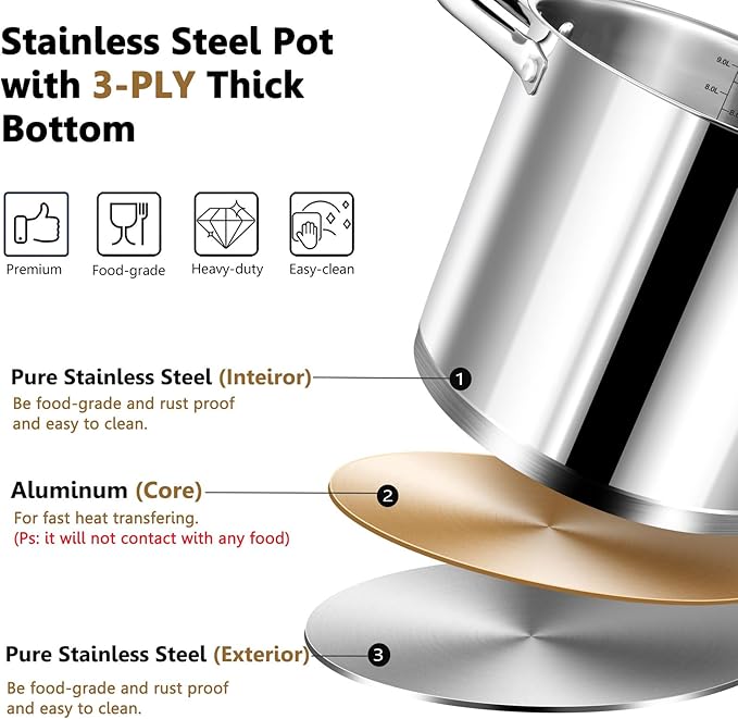 P&P CHEF 10 Quarts Cooking Stock Pot with Lid, Stainless Steel Stockpot Induction Pot for Soup, Tri-Ply Bottom & Clear Glass Lid & Double Handle, Dishwasher Safe