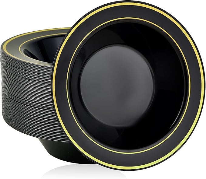JOLLY PARTY 100PCS Black Plastic Bowls with Gold Rim-12oz Disposable Soup Bowls, Christmas Thanksgiving Premium Dessert Salad Bowls for Wedding/Party/Halloween