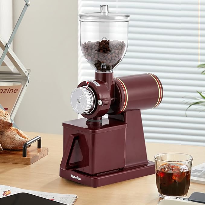 Burr Coffee Grinder - Electric Espresso Grinder for Home & Commercial Use, Silent, Adjustable Grind, With Hopper, Brush, Spoon, Red