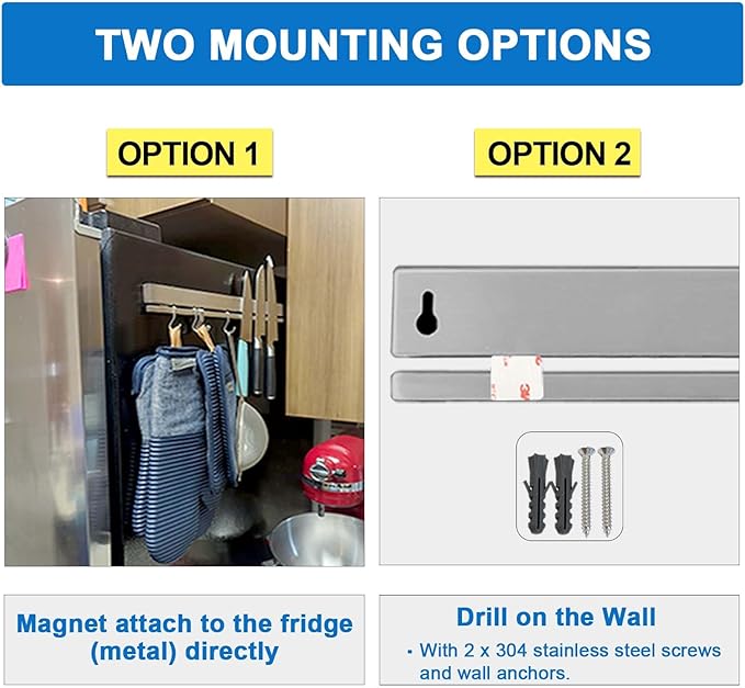 17 Inch Magnetic Knife Holder for Refrigerator with 12 Hooks - Double Sided Magnetic Knife Strip for Fridge - Premium Magnetic Knife Bar Rack - 304 Stainless Steel Kitchen Utensil Hanger