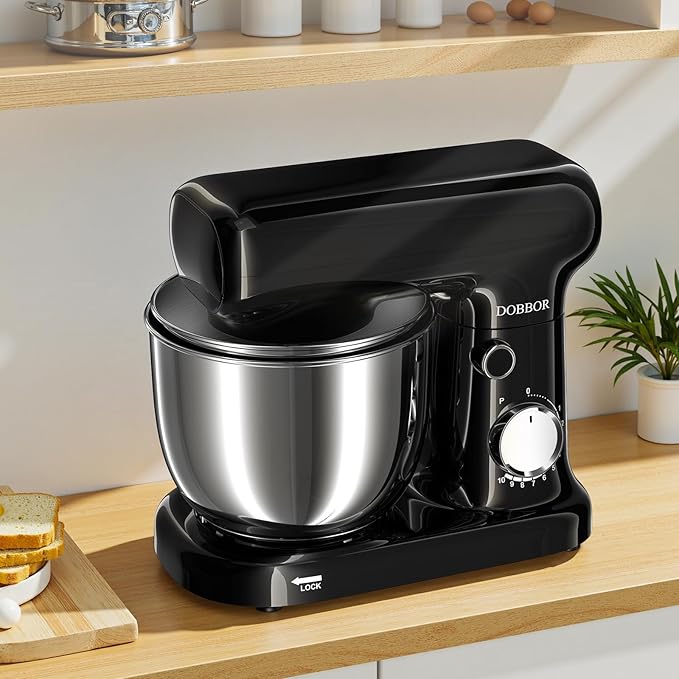 Stand Mixer with 3QT+3.5QT Dual Bowls, 10-Speed Electric 300W Food Mixer - Includes Egg Whisk, Dough Hook & Flat Beater for Home Baking & Daily Cooking (Black)
