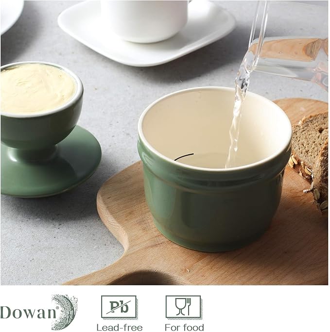 DOWAN Porcelain Butter Crock, Butter Keeper with Water Line, French Butter Dish for Soft Fresh Butter, Butter Container with Lid, No More Hard Butter, Green
