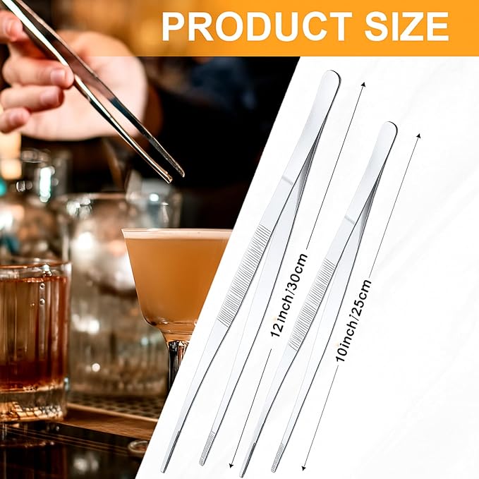 Yaomiao 4 Packs 10 Inch 12 Inch Bar Tweezers Silver Long Garnish Tongs Stainless Steel Kitchen Cooking Tongs Tweezers for Food Cocktail Korean BBQ Bartender Chef, Multi-use