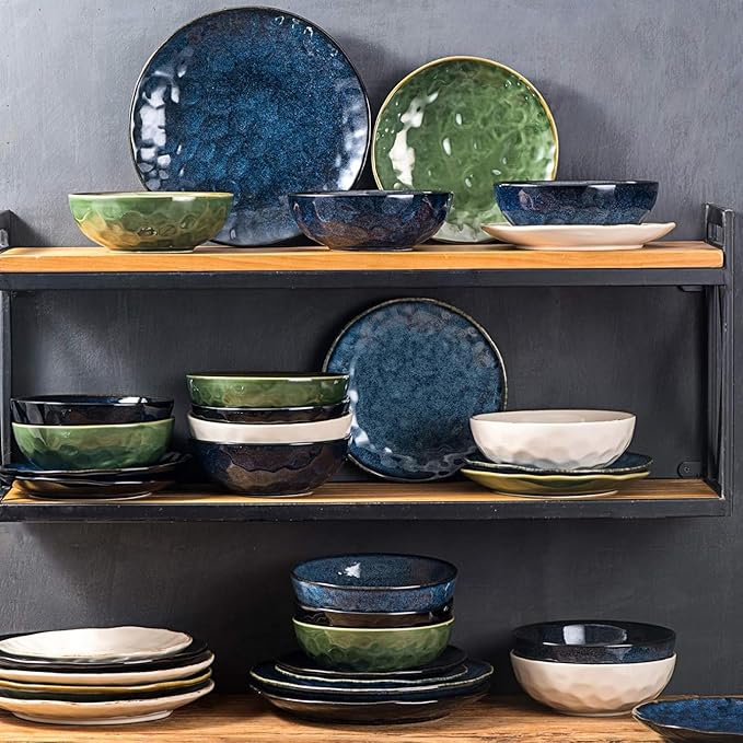 vicrays Ceramic Dinner Plates Set, 10.5 Inch, Set of 4, Round, Microwave, Oven, Dishwasher Safe, Porcelain Fluted Suitable for Steak, Pasta, Pizza, Home, Party, Restaurant (Blue)
