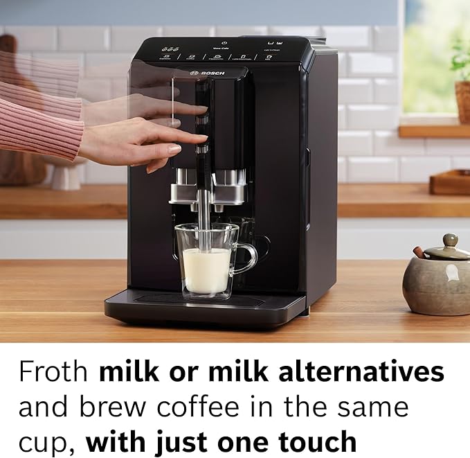 BOSCH 300 Series Fully Automatic Espresso and Coffee Machine – In-Cup Frother, OneTouch Milk Drinks, 5 Drink Options, Ceramic Grinder, Easy Clean & Descale, in Black TIU20109