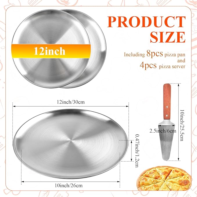 8Pcs 12 Inch Pizza Pan, Stainless Steel Pizza Serving Tray with 4pcs Pizza Spatula, Round Non-Stick Coating Pizza Plate for Baking Cake Pie Serving Tableware Kitchen Home Restaurant