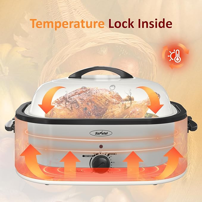 Sunvivi 20-Quart Roaster Oven with Self-Basting Lid, Electric Turkey Roaster Oven with Removable Pan and Rack, Stainless Steel, White