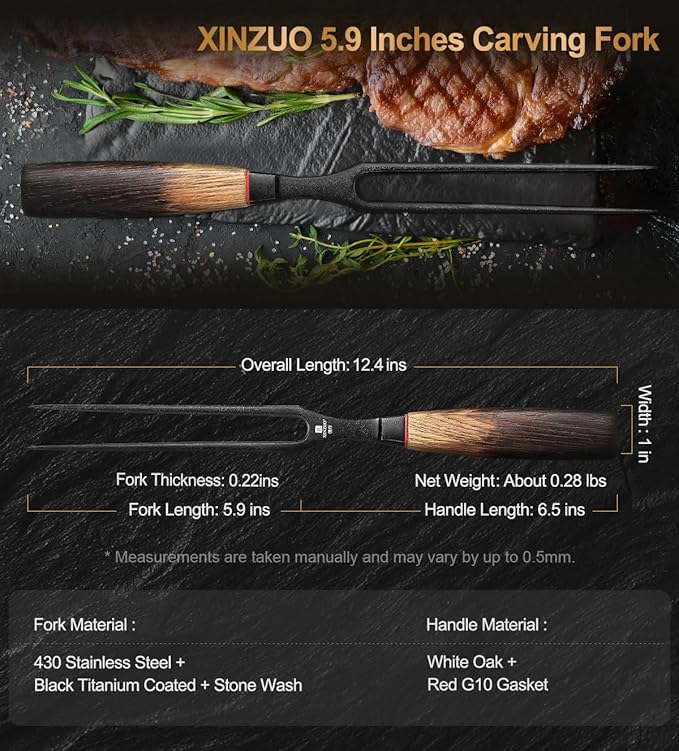 XINZUO 5.9 Inch Meat Carving Fork,High-Strength 430 Stainless Steel,2 Prong Kitchen Forks For Barbecue, Serving, Cooking, Grilling, Roasting,Ergonomic White Oak + Red G10 Gasket Handle