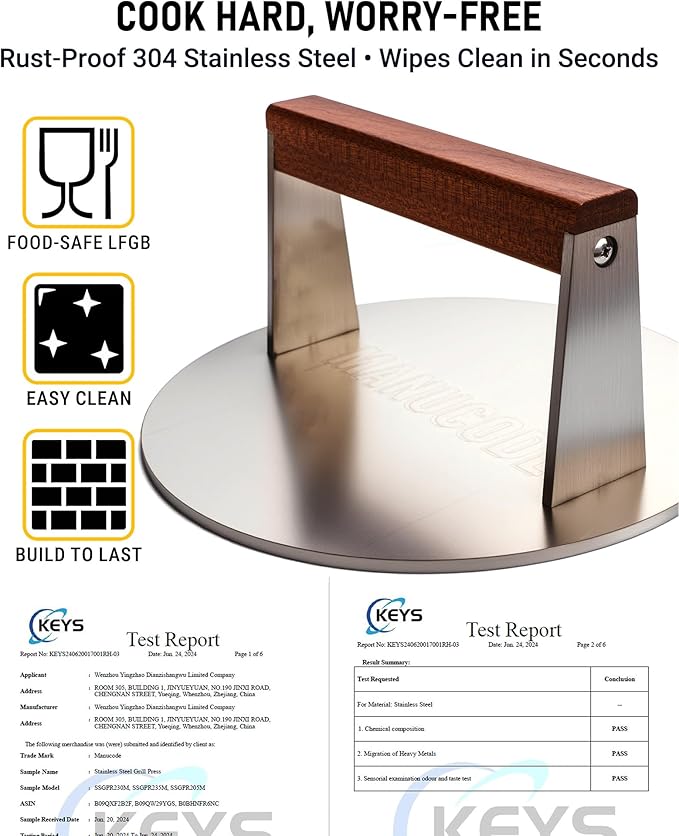 Smash Burger Press 8 Inch, 3.1 Lb Burger Smasher, Heatable for Searing Panini, Steak, Chicken, Salmon, Stainless Steel Bacon Press, Flat Bottom, Seasoning Free, Wooden Handle No Spin