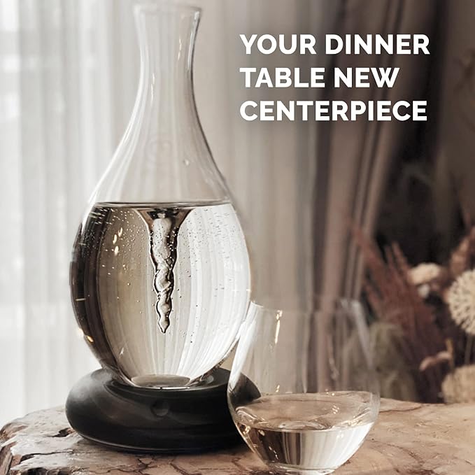 MAYU Swirl Structured Water Pitcher - Handblown Glass Carafe 1.5 Liter Design Jug - Dispenser Stand with Innovative Vortex Technology - Great for Reverse Osmosis Filter Users |51 Oz (Onyx Base)